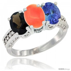 10K White Gold Natural Smoky Topaz, Coral & Tanzanite Ring 3-Stone Oval 7x5 mm Diamond Accent