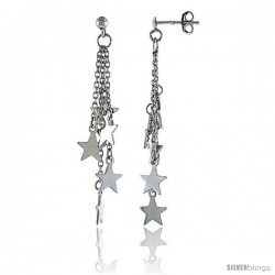 Sterling Silver Dangling Stars Post Earrings, w/ Rolo chain, 1 5/8 (41 mm)