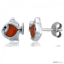 Sterling Silver Child Size Fish Earrings, w/ Orange Enamel Design, 5/16" (8 mm) tall