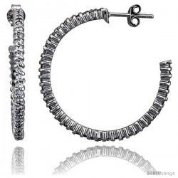 Sterling Silver Hoop Earrings Prong Set CZ, 1 5/16 in. 34 mm -Style Te4827