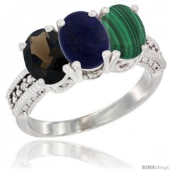 10K White Gold Natural Smoky Topaz, Lapis & Malachite Ring 3-Stone Oval 7x5 mm Diamond Accent