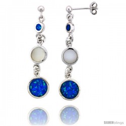Sterling Silver 3-stone Dangle Earrings Synthetic Opal and Mother of pearl inlay, 1 11/16 in