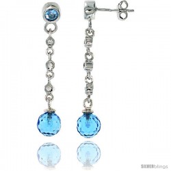 Sterling Silver Dangling Post Earrings, w/ Blue Cubic Zirconia, 1 9/16 (39 mm)