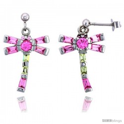 Sterling Silver Dragonfly Dangle Earrings w/ Baguette Yellow Topaz-colored, Baguette & Brilliant Cut Pink Tourmaline-colored CZ