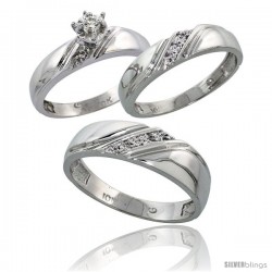 10k White Gold Diamond Trio Wedding Ring Set His 6mm & Hers 4.5mm