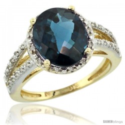 10k Yellow Gold Diamond Halo London Blue Topaz Ring 2.85 Carat Oval Shape 11X9 mm, 7/16 in (11mm) wide