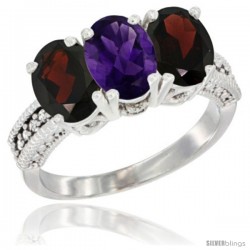 14K White Gold Natural Amethyst & Garnet Sides Ring 3-Stone 7x5 mm Oval Diamond Accent