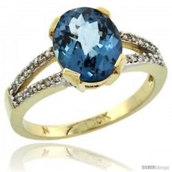 10k Yellow Gold and Diamond Halo London Blue Topaz Ring 2.4 carat Oval shape 10X8 mm, 3/8 in (10mm) wide