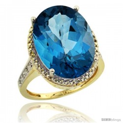 10k Yellow Gold Diamond London Blue Topaz Ring 13.56 Carat Oval Shape 18x13 mm, 3/4 in (20mm) wide