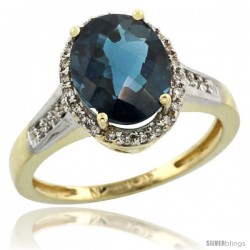 10k Yellow Gold Diamond London Blue Topaz Ring 2.4 ct Oval Stone 10x8 mm, 1/2 in wide