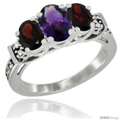 14K White Gold Natural Amethyst & Garnet Ring 3-Stone Oval with Diamond Accent