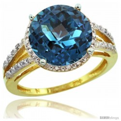 10k Yellow Gold Diamond London Blue Topaz Ring 5.25 ct Round Shape 11 mm, 1/2 in wide