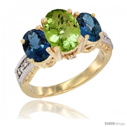 10K Yellow Gold Ladies 3-Stone Oval Natural Peridot Ring with London Blue Topaz Sides Diamond Accent