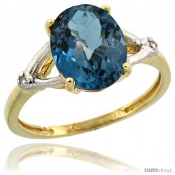 10k Yellow Gold Diamond London Blue Topaz Ring 2.4 ct Oval Stone 10x8 mm, 3/8 in wide