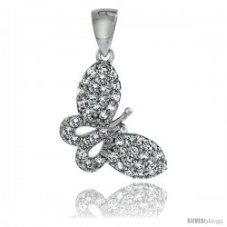 Sterling Silver Cubic Zirconia Butterfly Pendant Micro Pave 3/4 in
