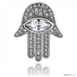 Sterling Silver Cubic Zirconia Hamsa Pendant Micro Pave 3/4 in