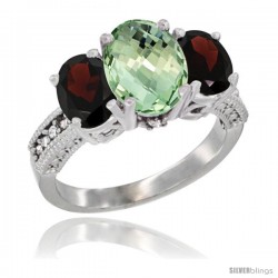 14K White Gold Ladies 3-Stone Oval Natural Green Amethyst Ring with Garnet Sides Diamond Accent