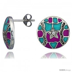 Sterling Silver 9/16" (15 mm) tall Post Earrings, Rhodium Plated w/ CZ Stones, Pink & Blue Enamel Designs