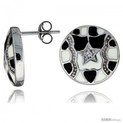 Sterling Silver 9/16" (15 mm) tall Post Earrings, Rhodium Plated w/ CZ Stones, Black & White Enamel Designs