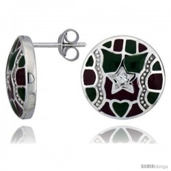 Sterling Silver 9/16" (15 mm) tall Post Earrings, Rhodium Plated w/ CZ Stones, Green & Red Enamel Designs