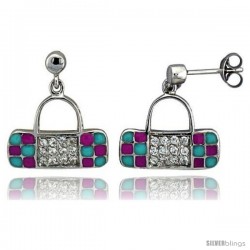 Sterling Silver 5/8" (16 mm) tall Purse Dangle Earrings, Rhodium Plated w/ CZ Stones, Pink & Blue Enamel Designs