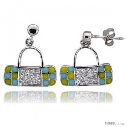 Sterling Silver 5/8" (16 mm) tall Purse Dangle Earrings, Rhodium Plated w/ CZ Stones, Yellow & Blue Enamel Designs