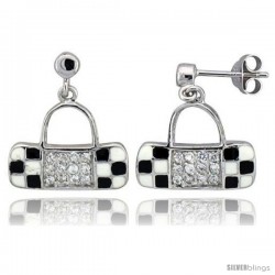 Sterling Silver 5/8" (16 mm) tall Purse Dangle Earrings, Rhodium Plated w/ CZ Stones, Black & White Enamel Designs