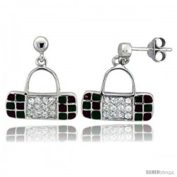 Sterling Silver 5/8" (16 mm) tall Purse Dangle Earrings, Rhodium Plated w/ CZ Stones, Green & Red Enamel Designs