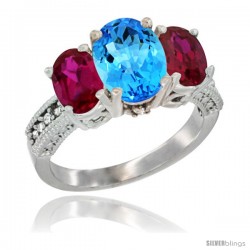 10K White Gold Ladies Natural Swiss Blue Topaz Oval 3 Stone Ring with Ruby Sides Diamond Accent