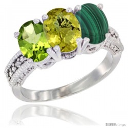 14K White Gold Natural Peridot, Lemon Quartz & Malachite Ring 3-Stone Oval 7x5 mm Diamond Accent