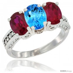 10K White Gold Natural Swiss Blue Topaz & Ruby Sides Ring 3-Stone Oval 7x5 mm Diamond Accent