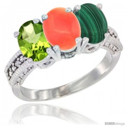 14K White Gold Natural Peridot, Coral & Malachite Ring 3-Stone Oval 7x5 mm Diamond Accent