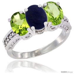 14K White Gold Natural Lapis & Peridot Sides Ring 3-Stone Oval 7x5 mm Diamond Accent