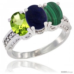 14K White Gold Natural Peridot, Lapis & Malachite Ring 3-Stone Oval 7x5 mm Diamond Accent