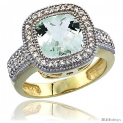 14K Yellow Gold Natural Green-Amethyst Ring Cushion-cut 9x9 Stone Diamond Accent