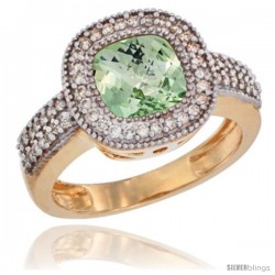 14k Yellow Gold Ladies Natural Green-Amethyst Ring Cushion-cut 3.5 ct. 7x7 Stone Diamond Accent