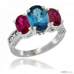 10K White Gold Ladies Natural London Blue Topaz Oval 3 Stone Ring with Ruby Sides Diamond Accent