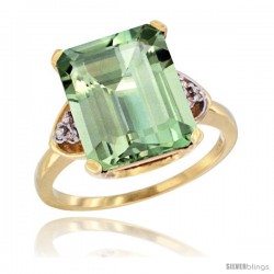 14k Yellow Gold Ladies Natural Green Amethyst Ring Emerald-shape 12x10 Stone Diamond Accent