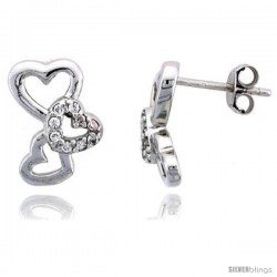 Sterling Silver Jeweled Hearts Post Earrings, w/ Cubic Zirconia stones, 11/16" (18 mm)