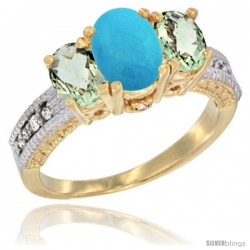 14k Yellow Gold Ladies Oval Natural Turquoise 3-Stone Ring with Green Amethyst Sides Diamond Accent