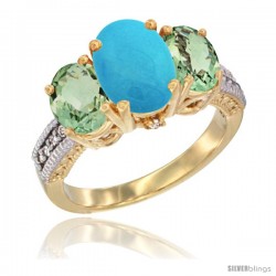 14K Yellow Gold Ladies 3-Stone Oval Natural Turquoise Ring with Green Amethyst Sides Diamond Accent