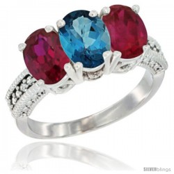 10K White Gold Natural London Blue Topaz & Ruby Sides Ring 3-Stone Oval 7x5 mm Diamond Accent