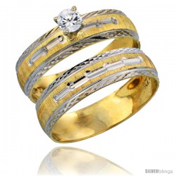 10k Gold Ladies' 2-Piece 0.10 Carat Diamond Engagement Ring Set Diamond-cut Pattern Rhodium Accent, 3/16 in. (4.5mm) wide