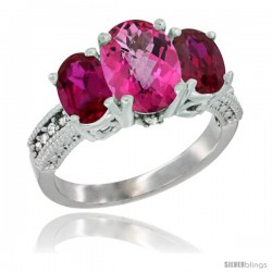 10K White Gold Ladies Natural Pink Topaz Oval 3 Stone Ring with Ruby Sides Diamond Accent