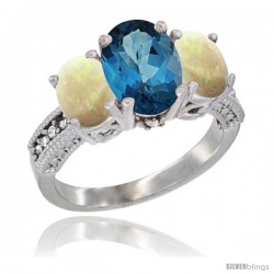 10K White Gold Ladies Natural London Blue Topaz Oval 3 Stone Ring with Opal Sides Diamond Accent