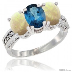 10K White Gold Natural London Blue Topaz & Opal Ring 3-Stone Oval 7x5 mm Diamond Accent