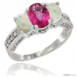 10K White Gold Ladies Oval Natural Pink Topaz 3-Stone Ring with Opal Sides Diamond Accent