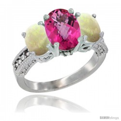 10K White Gold Ladies Natural Pink Topaz Oval 3 Stone Ring with Opal Sides Diamond Accent