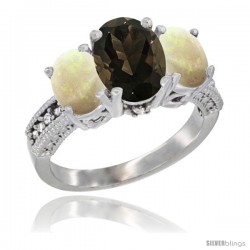 10K White Gold Ladies Natural Smoky Topaz Oval 3 Stone Ring with Opal Sides Diamond Accent