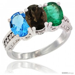 14K White Gold Natural Swiss Blue Topaz, Smoky Topaz & Emerald Ring 3-Stone 7x5 mm Oval Diamond Accent